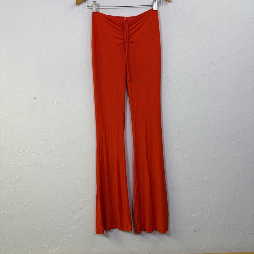 Skims Soft Lounge Ruched Flare Pants Women S Orange Ribbed Knit Loungewear